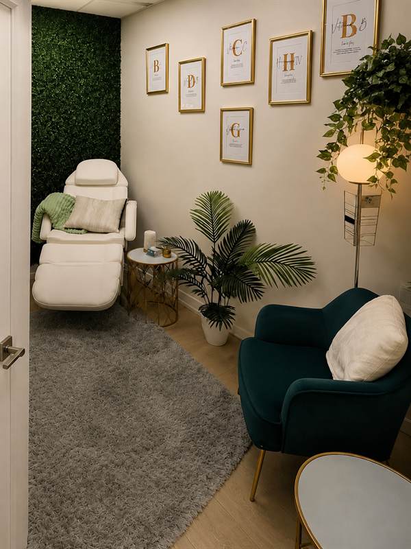 Treatment room at Ivy Infusion & Wellness with a reclining chair, framed vitamin prints and a living green wall